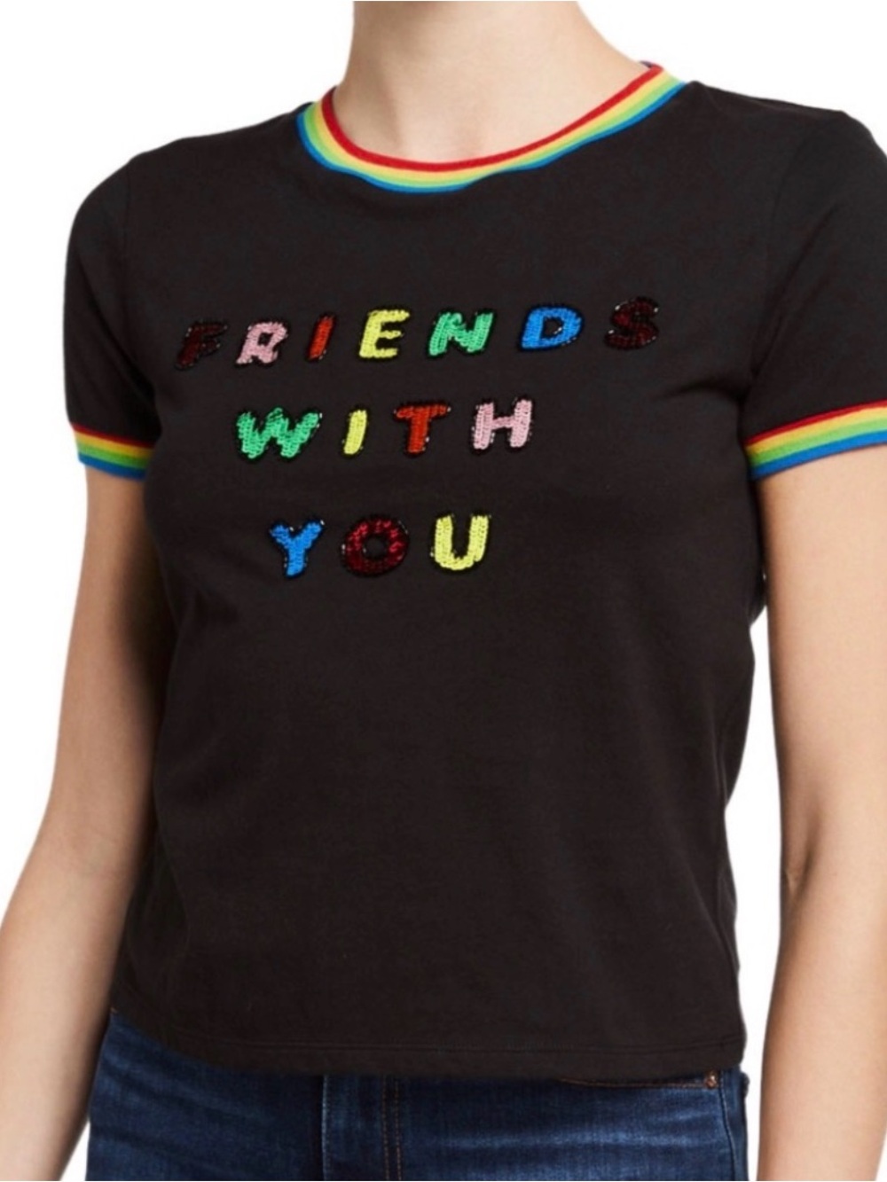 Alice + Olivia Black Tee with Rainbow Trim Friends with You